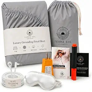 Terra Sol Bare Earth Grounding Sheets King Size - 88% Organic Cotton + 12% Silver Fiber Earthing Sheets - Complete Sleep Bundle with 15ft Cord, Safety Testers & Silk Sleep Mask (Grey)