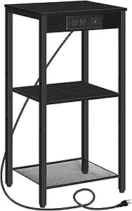 HOOBRO Tall End Table with Charging Station, 30 Inch Slim Tall Nightstand, 3-Tier Narrow Side Table with Adjustable Shelf, for Living Room, Bedroom, Small Space, Hallway, Black BB09UDH01G1