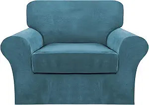 FantasDecor 2 Piece Chair Sofa Covers Velvet for Living Room Slipcovers with Individual Cushion Elastic Furniture Protector for Pets, Machine Washable (Armchair, Peacock Blue)