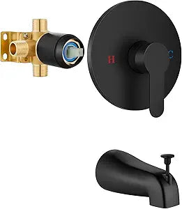 Airuida 6.3 Inch Round Shower Valve Trim Kit with Pull-up Switching Tub Spout Wall-Mounted Single Handle Bathtub Faucet with Male Thread Solid Brass Tub Shower Rough-in Mixer Valve Matte Black