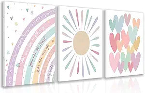 LLEEMPI Framed Pink Heart Sun Rainbow Wall Art Set of 3, Baby Room Wall Decor, Boho Rainbow Nursery Canvas Painting, Classic Minimalist Poster Prints for Bedroom Bathroom Classroom 12x16 Inch