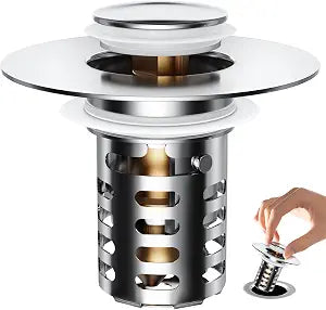 Upgraded Bathroom Sink Stopper Drain Strainer for 1.1-1.45 Inch, Brass Bullet Core, All Metal Cover, Pop Up Stainless Steel Drain Filter with Basket Hair Catcher, Slant Bore