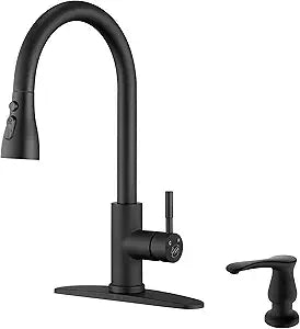 Matte Black Pull Down Kitchen Faucet with Soap Dispenser - High Arc 3-Function Pull Out Kitchen Faucet, Stainless Steel Kitchen Sink Faucet with Pull Down Sprayer Single Hole Single Handle