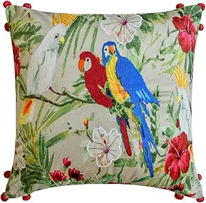 The HomeCentric Pack of 2 Decorative Throw Pillow Covers Green 16"x16" (40x40 cm) Cotton Embroidery, Printed Outdoor Furniture Cushion Cover, Floral Modern Style - Cockatoo Carnival