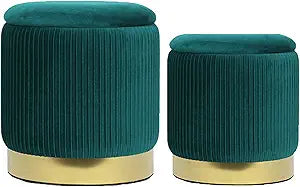Green Round Storage Ottoman Set of 2 - Multi-Functional Velvet Footrest & Vanity Stool for Living Room, Space-Saving Side Table with Hidden Compartment, Sturdy Seating for Small Apartments