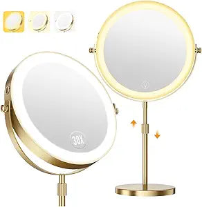 30X Magnifying Makeup Mirror with Lights, Height Adjustable Double Sided Vanity Mirror, 360 Rotation Cosmetic Mirror for Desk Bathroom - Antique Bronze