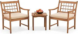 Tangkula 3 Piece Wood Patio Furniture Set, Outdoor Bistro Set w/Soft Seat Cushions, Solid Acacia Wood Frame, 2 Armchairs & Coffee Table Set for Backyard, Porch, Poolside (Off White)