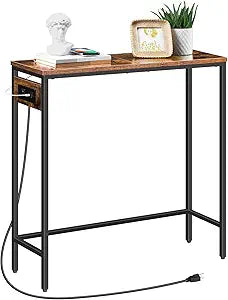 HOOBRO Narrow Console Table with Power Outlets, 29.5" Small Entryway Table with Charging Station, Thin Sofa Table, Side Table, for Hallway, Bedroom, Living Room, Rustic Brown and Black BF75UXG01