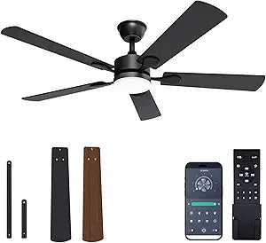 VOLISUN Ceiling Fan with Light, 52 inch Flush Mount Ceiling Fan with Lights and Remote, Dimmable LED Fan Light, Low Profile Ceiling Fan, Black Modern Ceiling Fan for Bedroom, Indoor/Outdoor