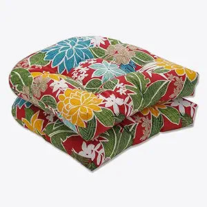 Pillow Perfect Tropic Floral Indoor/Outdoor Chair Seat Cushion, Tufted, Weather, and Fade Resistant, 19" x 19", Red/Green Bora Cay, 2 Count