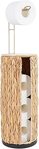 Freestanding Wicker Toilet Paper Holder with Lid&Storage-Holds 4 Rolls,Handmade Woven Water Hyacinth Organizer Basket for Bathroom,Boho Farmhouse Decor Tissue Stand with Storage Shelf