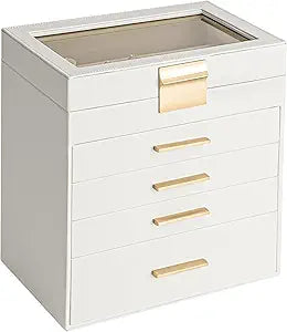 Somduy Jewelry Box, 5 Layers Jewelry Storage Display Box with Glass Lid for Women, 4 Drawers,Large Capacity for Necklace Earrings Bracelets Rings,White