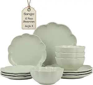 Sango 12 Pieces Scalloped Dinnerware Set, Sage Green Dishes for 4, Premium Serving Plates & Bowls Sets, Chip Resistant, Ceramic Dishware, Kitchen Dish, Microwave & Dishwasher Safe, Bethany