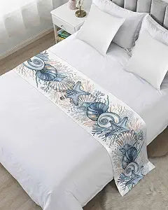 Bed Runner for King Size Bed, Ocean Seaweed, Decorative Bed Scarf Throws for Foot of Bed, Blue Tropical Fish Starfish Shell Sea Coral Bedding Protector Slipcover for Hotel/Home, 94 x 20 in