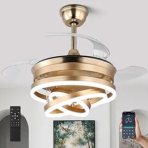 Retractable Ceiling Fan with Lights,Dimmable,6 speeds,DC Motor,Modern DIY Ceiling Fan with Lights Remote Control for Bedroom Living Room Kitchen (Gold, 36 inch)