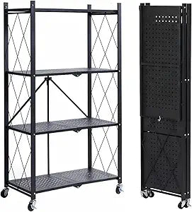 COKIHOM 4 Tier Foldable Storage Shelf, Large Capacity Metal Shelf Rack, Rolling Bookshelf with Wheels, Wire Shelf Organizer for Kitchen, Pantry, Office, Garage, Basement, Black