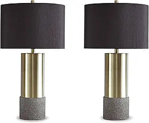Signature Design by Ashley Jacek Contemporary Table Lamp, 2 Count, 3 Way Switch, Metal, Poly Resin and Drum Shade, 15" W x 15" D x 27.25" H, Gray & Brass Finish