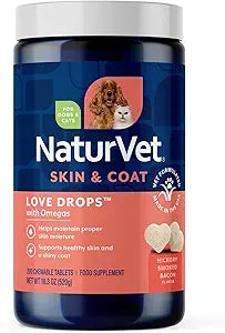 NaturVet Love Drops Plus Omegas Skin & Coat Supplement for Dogs and Cats  for Dog Skin, Cat Coats  Includes Brewers Dried Yeast, Omega-3, Omega-6  Peanut Butter Flavor  200 Ct.