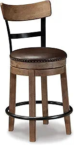 Signature Design by Ashley Pinnadel Bar Stool, Swivel Counter Height Stool Chair With Faux Leather Seat, Wood and Metal Frame for Kitchen Island With Seating, Light Brown