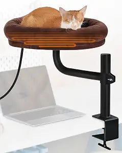 Heated Cat Bed for Desk Indoor, Heated Pet Bed Hammock for Home Office Workspace with Adjustable Mount & 360 Rotation Arm, Small Cute Raised Round Cat Pet Bed Heater Cat Window