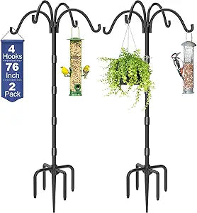 Upgrade 4-Hook Shepherds Hooks for Outdoor with Plastic Tube, 76" Heavy Duty Bird Feeder Pole with 5 Prongs Base, Adjustable Garden Hook for Solar Light, Hanging Plant, Wedding Decor, 2 Pack