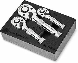 Powerbuilt 3 Piece 1/4-Inch, 3/8-Inch and 1/2-Inch Stubby Ratchet Set, Quick-Release Reversible 90 Tooth, Tight Spaces, Mini Small Ratchet Wrench - 643153ECE