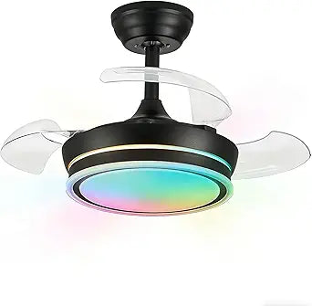 30" Retractable Ceiling Fan with Light, RGB Modern Fandelier 6 Speeds Reversible Blades Dimmable Remote App Control Memory Timer Black