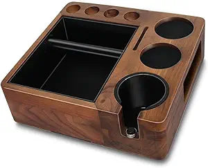 Espresso tamping station and knock box,Wooden portafilter holder,Espresso organizer station box,Tamping station fit for storage 51/54/58mm coffee accessories,Multifunctional tamper station