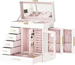 HOOBRO Jewelry Box with Mirror, Jewelry Organizer Box with Capacious Storage Space, Vertical Storage, Glass Cover, Modern Style, White and Light Gold WT06JB04G1