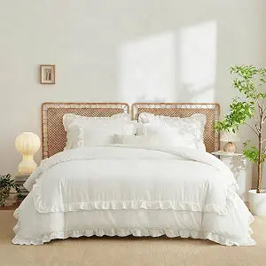 White Ruffle Comforter Set Full 3 Pieces Shabby Chic Farmhouse Bedding Set Girls, 100% Washed Microfiber, Boho Vintage Ruffled Comforter with 2 Pillowcases, Super Soft Cozy