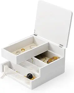 Umbra Malibu Jewelry Box  3-Tier Storage Organizer with Linen-Lined Compartments, Real Wood, Fluted Glass Accents & Non-Slip Feet for Dresser, Nightstand, or Vanity, White