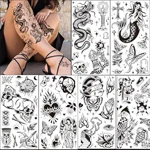 Tazimi 12 Sheets Large Black Old School Temporary Tattoos for Women Men
