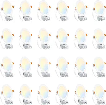 BesLowe 24 Packs 6 Inch 5CCT LED Recessed Ceiling Lights Ultra-Thin with Junction Box, 12W 150W Eqv, 3000K/3500K/4000K/5000K/6500K, 1200LM Dimmable Canless Downlights for Kitchen Hallway Dining Room