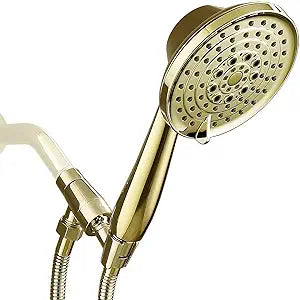 G-Promise High Pressure 6 Setting Detachable Handheld Shower Head with Extra Long Flexible Metal Hose, Adjustable Metal Holder, Polished Brass Finish (2.5GPM)