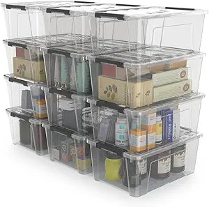 WYT 12 Pack Small 5-Quart Clear Plastic Storage Bins with Lids and Latch Buckles, Storage Organizer Container with Handle