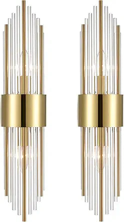 2-Light Modern Brushed Titanium Gold Wall Sconce with Clear Glass Crystal Luxury Wall Light Fixtures for Bedroom Living Room Bathroom Vanity Mirror Light Fixtures Set of 2