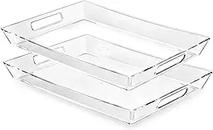 Clear Plastic Serving Tray with Handles, BPA-Free Storage Organizer Tray -2 Pack Large Trays 16"x11.5" Reusable Serving Platters for Appetizer, Fruit, Kitchen, Desk & Serving Tray for Party Supplies
