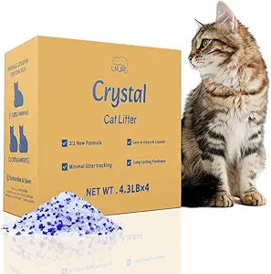 LMJP Crystal Cat Litter with Powerful Odor Control, Non-Clumping, Lasts Up to 4 Months, 17.2lb, Rapid Water Absorption, Unscented & Low Tracking Lightweight Blue & White Silica, 4 Pack of 4.3lb