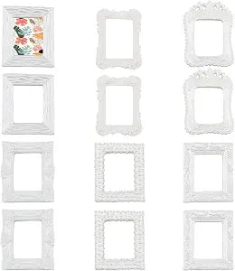 AHANDMAKER 12 Pcs Vintage Resin Picture Frame, 6 Style Antique Mini Embossed Jewelry Display Frame White Photography Photo Frame Tabletop Small Photo Frame for Holiday Party Home Wall Decor