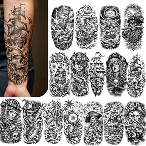 84 Sheets Pirate Temporary Tattoos Adult, 24 Sheets Half Arm Captain Anchor Compass Sailboat Tattoos Large, 60 Tiny Flag Skull Sailor Fake Tattoo for Costume, Cross Arm Tattoos for Men Women Kids