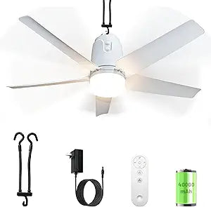 Gazebo Outdoor Ceiling Fan Light 31.5'', 40000mAh Large Portable Ceiling Fan With Remote and Hanging Hook, 4 Wind Speeds, 3000K-6500K Dimmable Canopy Fan Light For Patios, Pop Up Tent, Camping