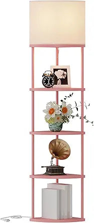 Qupui Floor Lamp with Shelves, Modern 5 Tier Corner Stand Lamp with 3 Color Temperature Bulb, Storage Home Decor Organizer Shelves for Bedroom Living Room, Pink