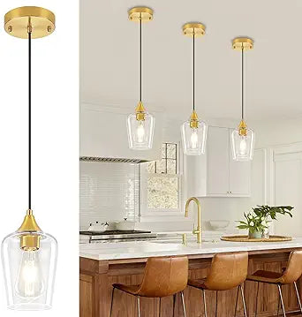 3-Pack Brushed Gold Pendant Lights Kitchen Island, Modern Glass Pendant Lighting Over Island Kitchen Hanging Light Fixtures Hallway Pendant Lights for Bathroom Dining Room Entryway Foyer Bedroom