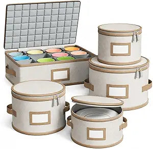 Hard Shell China Storage Containers  5 Piece Set for Storing Dinner Plates, Salad Plates, Mugs, Quilted Dividers for Safe Moving and Seasonal Storage, Beige