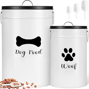 DoubleFill Extra Large 30+14 lb Metal Dog Food Storage Containers Set of 2 Airtight Dog Treat Snack Jars with Lids and Spoon Farm House Style Big Pet Cookie Storage Bin for Kitchen Counter Gift