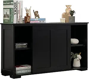 Buffet Cabinet with Storage, Stackable Kitchen Sideboard w/Sliding Doors, Storage Cupboard w/Adjustable Shelves, Console Table, Narrow Buffet Table for Dining Living Room (Black)