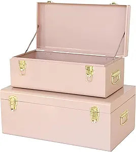 Vixdonos Metal Trunks College Dorm Steel Chests Decorative Storage Box Set of 2 Bedroom Organizer for Home Decor,23.7X14.2X9.5 Inches(Pink)