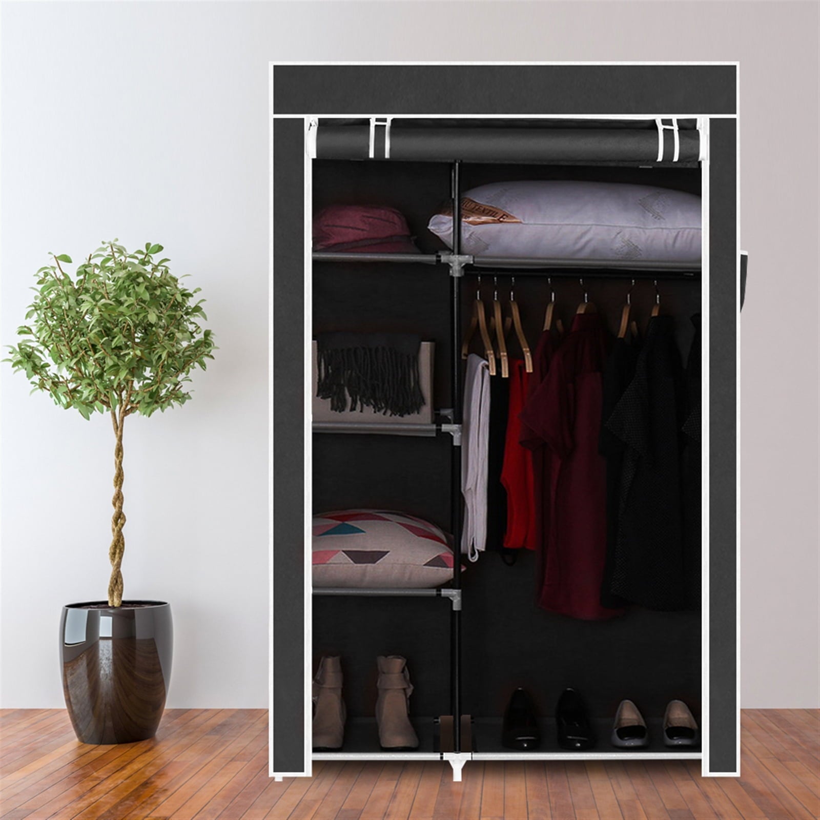 64" Closet Storage Organizer Wardrobe Clothes Rack with Shelves, Black