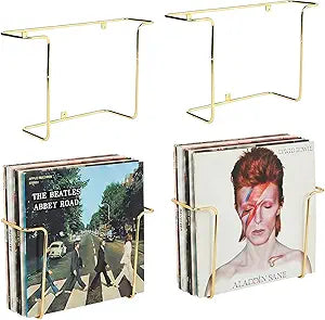 MyGift Modern Metal Wire Wall Mounted Vinyl Records Storage Racks, Hanging LP Record Holders, Floating Album Cover Display Shelves, Set of 2 (Brass- 4 Pcs)