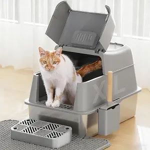 Rywell Stainless Steel Cat Litter Box with 180 Flip-Top Lid  Extra Large 40L Metal Kitty Pan, 3-in-1 Modes, High-Sided Odor Control & Anti-Splash Design for Large Cats & Multi-Cat Households